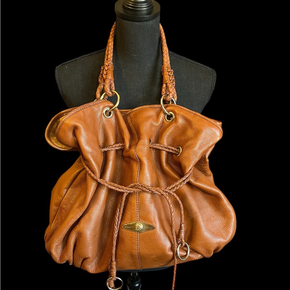 Elliot Lucca Brown Leather Hobo Bucket Drawstring, Shoulder Handbag